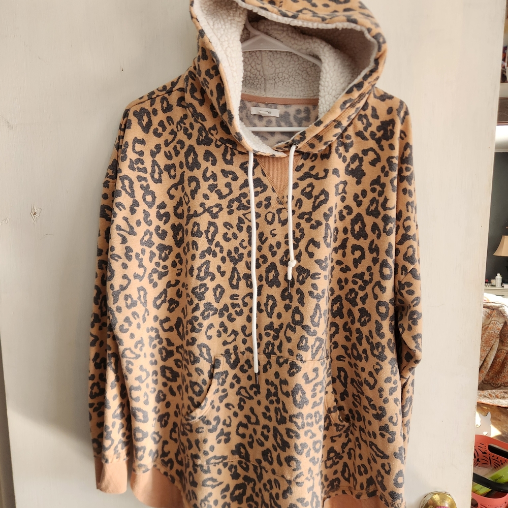 Maurices Tan and Black Animal Print Sherpa Hoodie